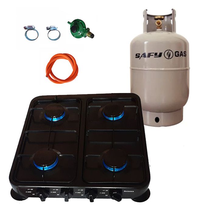 Black 4 Plate Gas Stove with Fittings & Gas Cylinder - 9kg