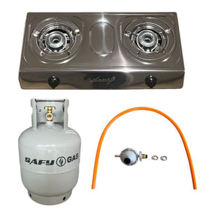 Aruif Two Burner Auto Ignition Stainless Steel Gas Stove & 9Kg Cylinder