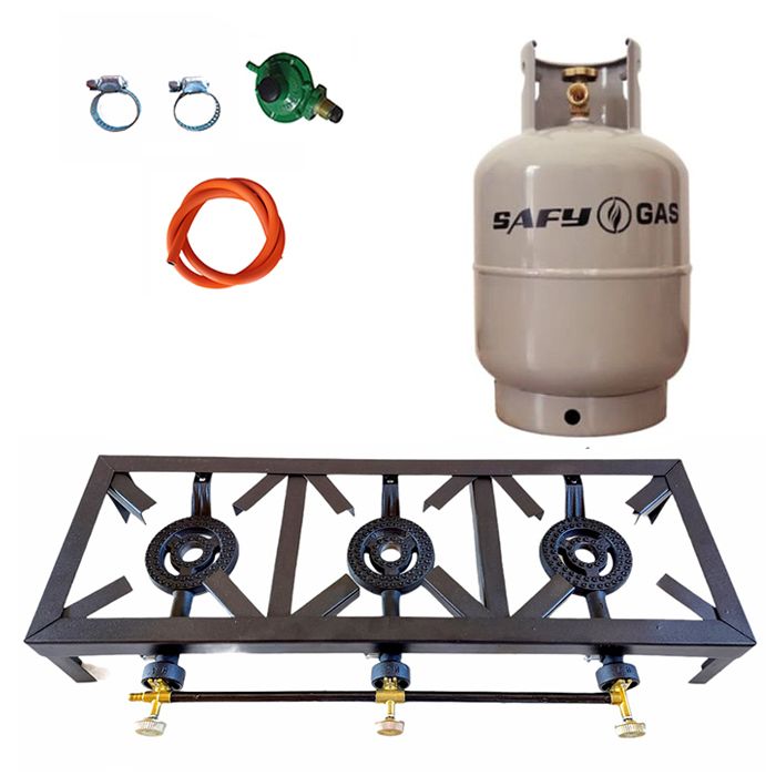 3 Burner, Triple Gas Burner, 4 Legged, Regulator Set & Gas Cylinder - 7kg