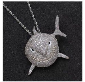 Iced CZ Shark Pendant with 20″ Rope Chain