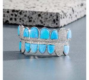 Blue Opal Design & CZ Iced Diamond Teeth Grillz