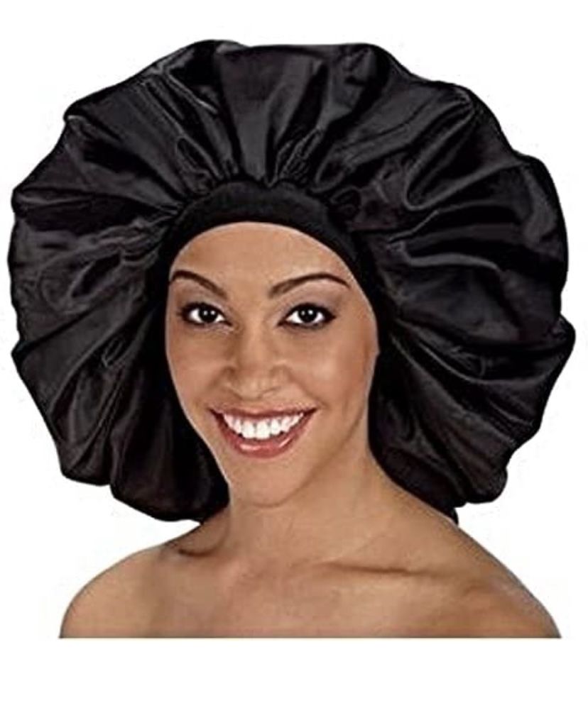 Extra Large Wide Band Sleep Bonnet Cap in breathable Black Satin Fabric - 0000Art