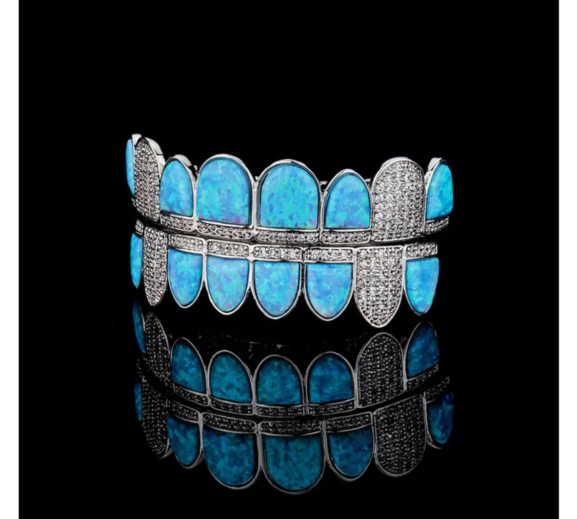 Blue Opal Design & CZ Iced Diamond Teeth Grillz