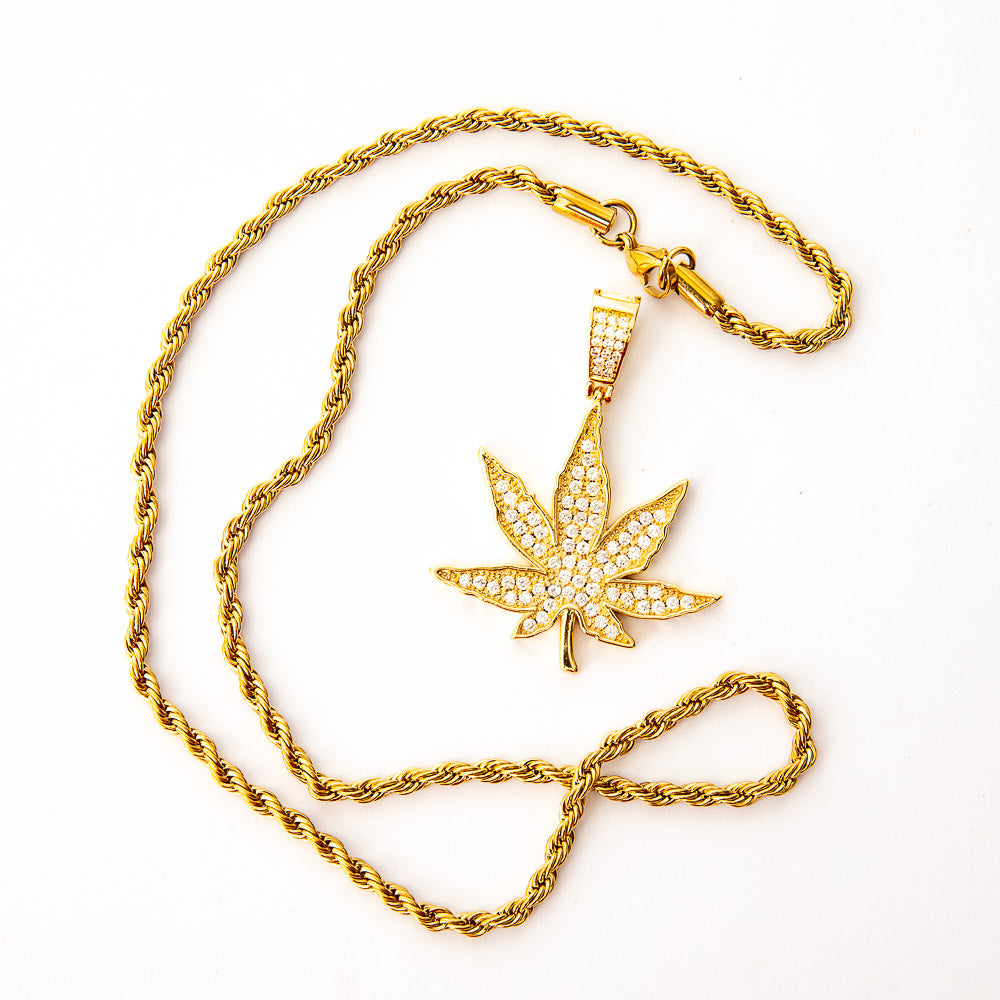 Gold Plated CZ  Iced Weed Pendant