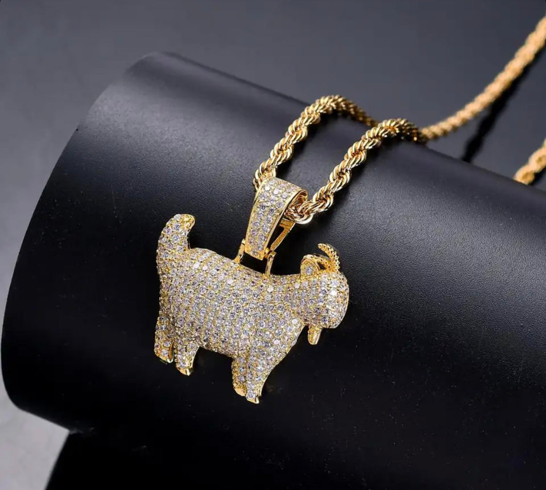 Iced CZ Diamond Goat Pendant and Rope Chain Set