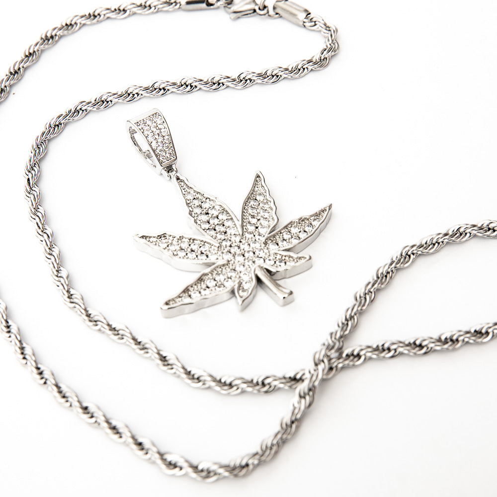 Silver Plated CZ  Iced Weed Pendant